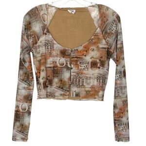 Y2K Mesh Long Sleeve Fitted Top Shirt Sz Small Brown, Cream, Orange